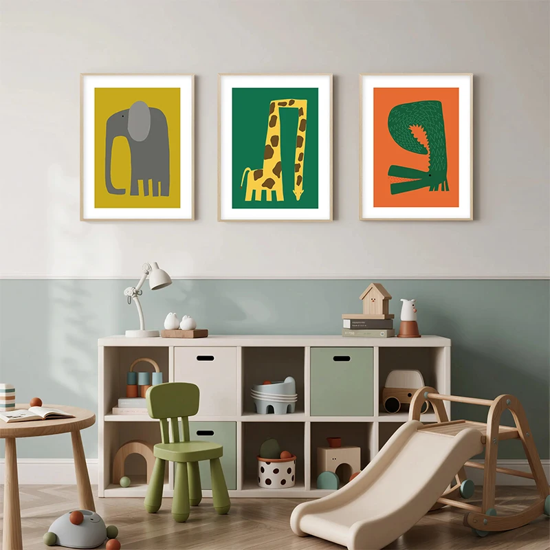 الكرتون الحيوان الزرافة الفيل التمساح الفن طباعة الشمال المشارك الملونة الحضانة الرسم على لوحات القماش الجدارية غرفة الاطفال جدار دي