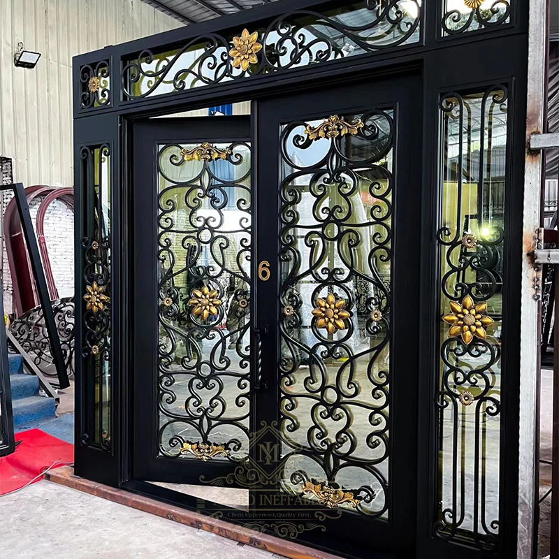 Iron Double Front Entry Door , Customized Size Excellence Quality French Style Exterior Double Glass Security Wrought