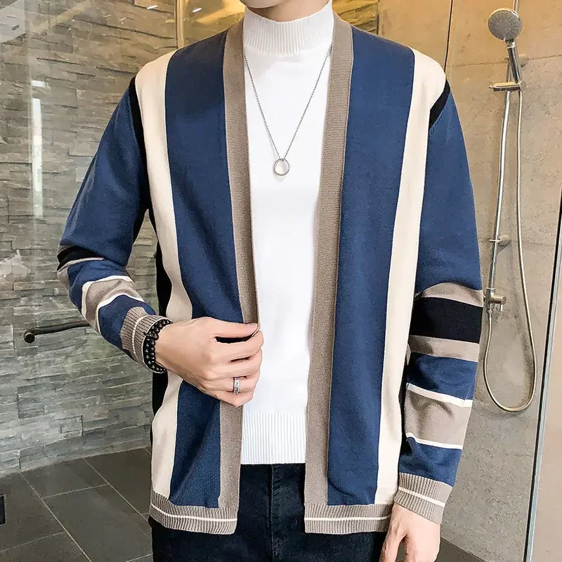 Cárdigan a rayas para hombre, abrigo de lana juvenil, cárdigan de invierno de talla grande, suéter de punto superior de moda coreana, primavera y