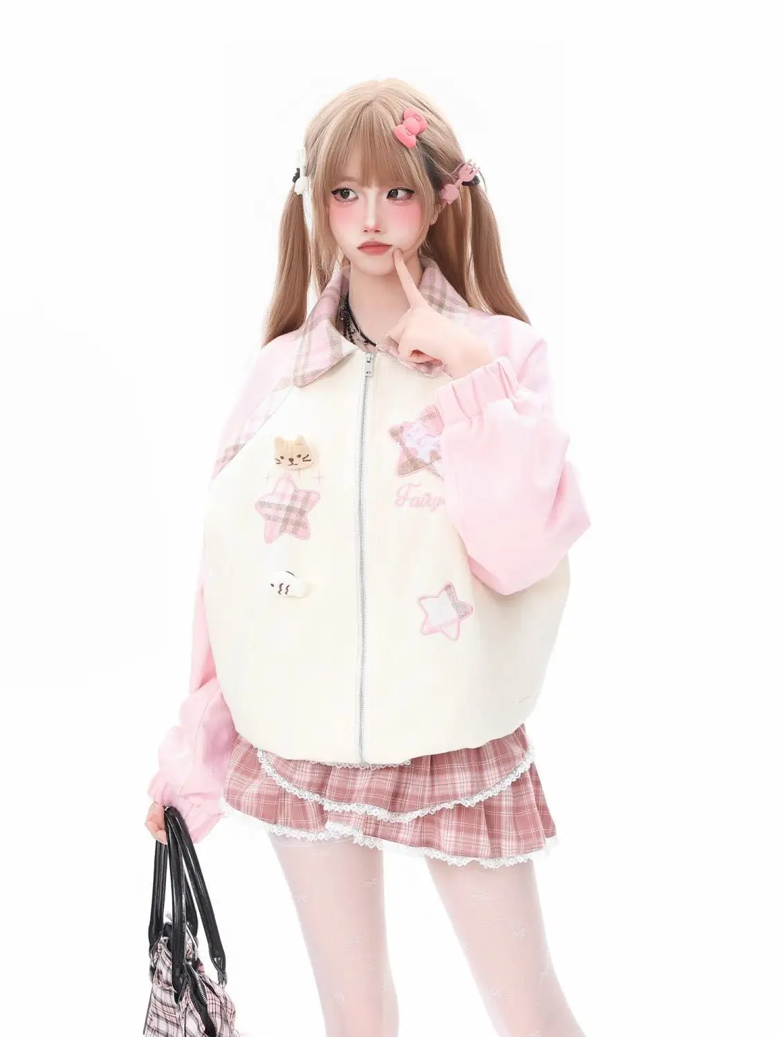 Y2K Sweet Style Jacket Long Sleeve Women Casual Star Bear Plush Panel Pattern Cute Spring Autumn Harajuku Casual Outerwear
