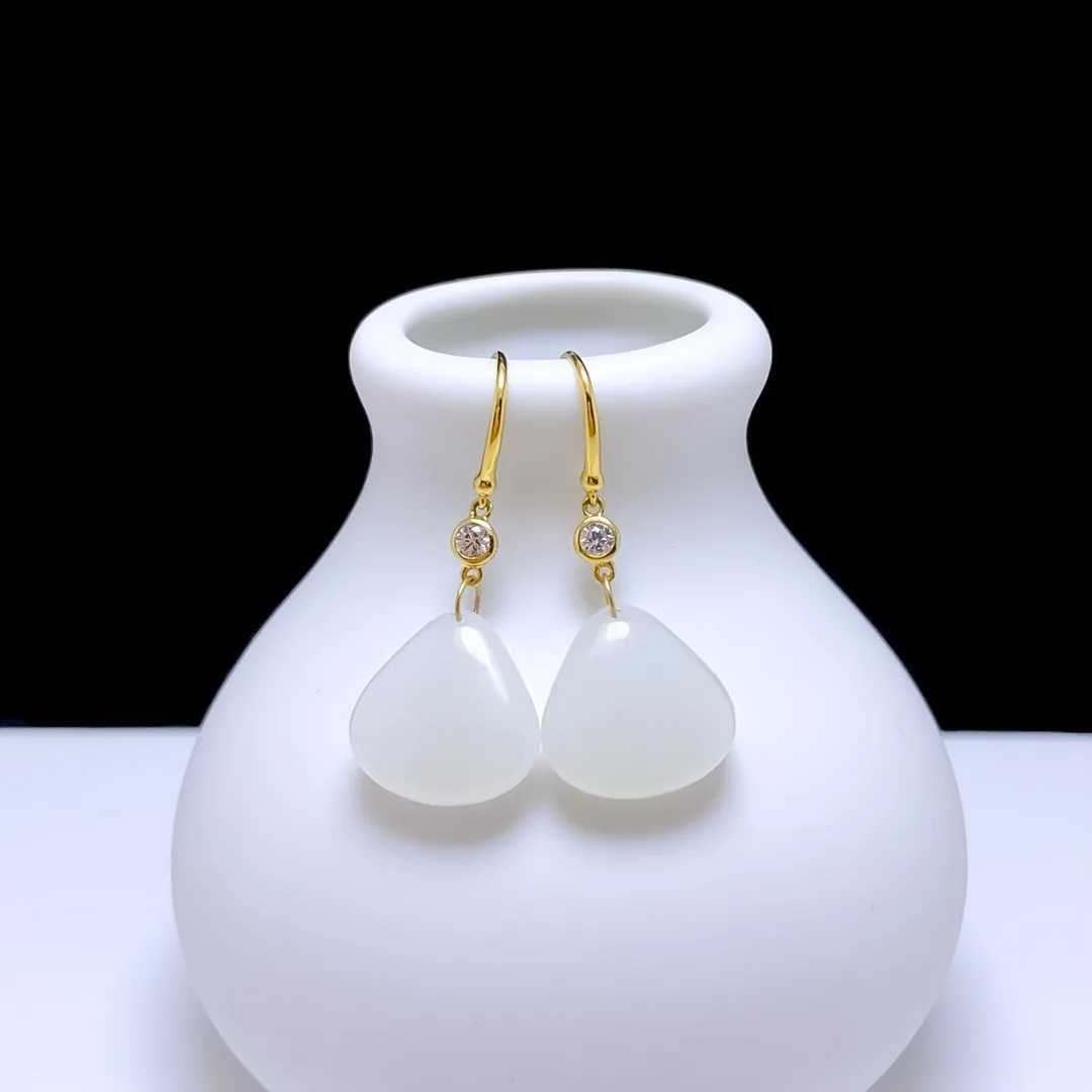 SHILOVEM 18k Yellow Gold White Jade Stud Earrings New Birthday Christmas Gift Fashion Wholesale Women 14mm yze141402