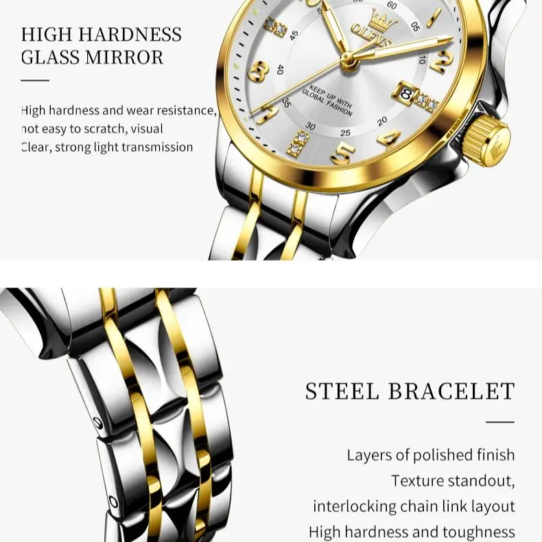 OLEVS Quartz Couple Watch for Men Women Number Dial Stainless steel Waterproof Luminous Dual Calendar Luxury Classic Wristwatch