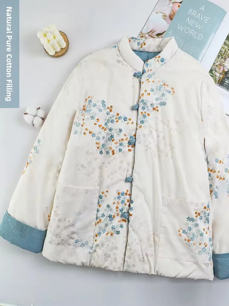 

Korean Japanese High End Chinese Sle Printed Cotton Jaet Women's Button up Warmth Artistic Retro Small Cotton Padded Coat