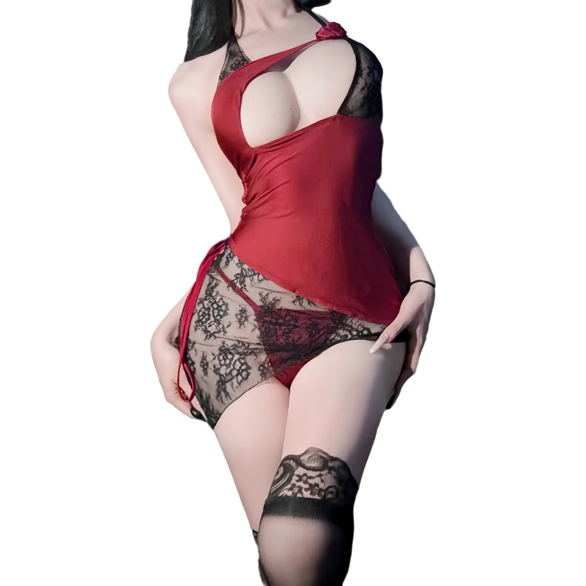 

Sexy Rose Halter Neck Dress Sexy Flirtatious Chest-revealing Pure Desire Sleepwear Pure Desire Dress Transparent Charming CK14