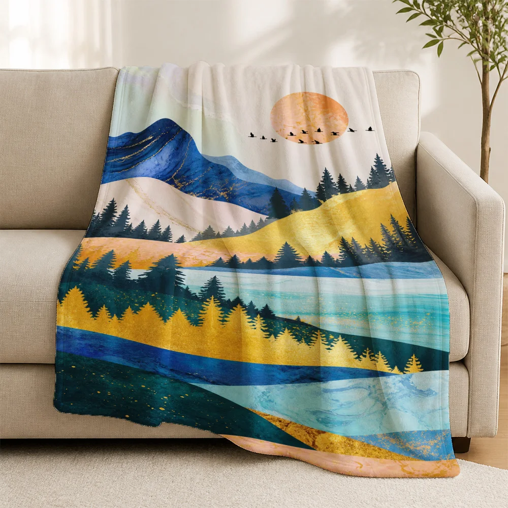 Luxurious Boho Mountain Landscape Throw Blanket Forest Scenery Picnic Design Soft Cozy Decorative Cover for Sofa Living Room Hom