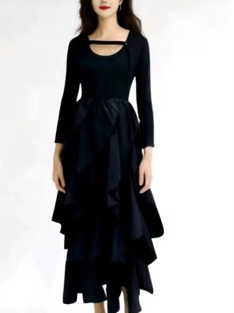 

Autumn Y2K French Style Black Long Sleeve Midi Dress Women Irregular Ruffles Fairy Dress Chic Birthday Evening Party Vestidos