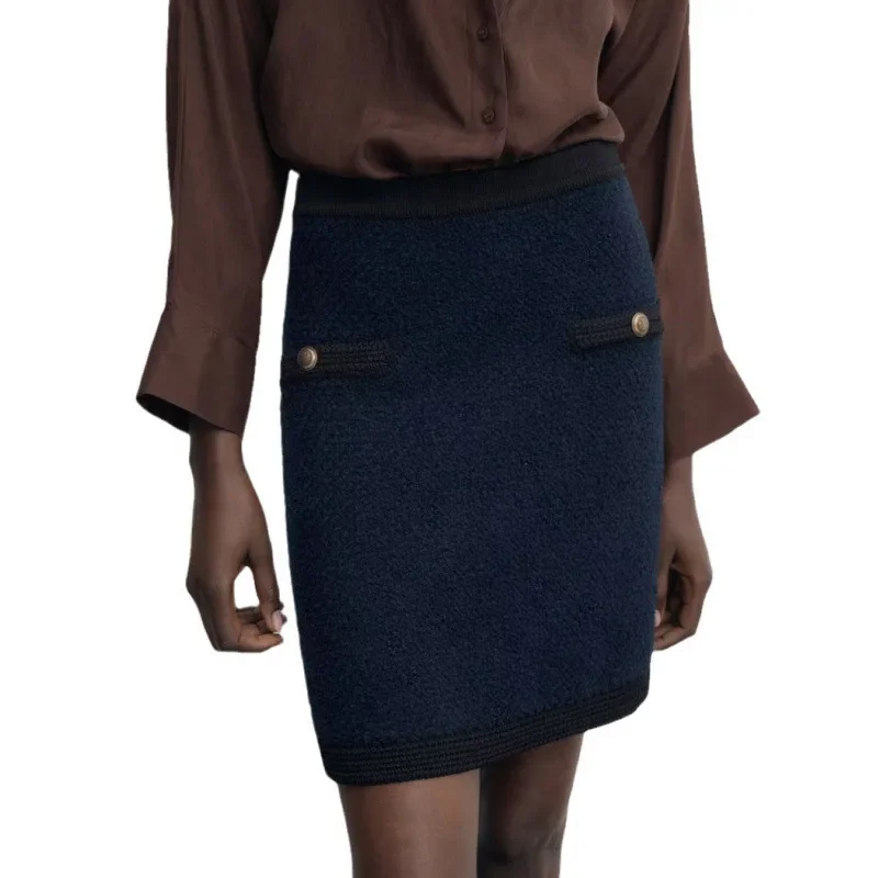 Pop 2024 Summer New Tweed Style Mini A- Skirt Gold Button Decor Women's Clothing MD Foreign Trade