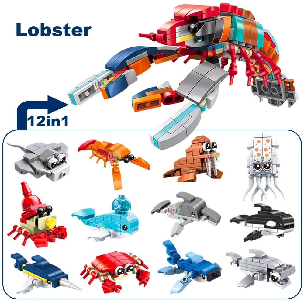 Moc 12in1 Ocean Marine Fish Animals Lobster Killer Whale Seal Ray Hermit Crab Model Set Building Blocks Diy Toys for Kids Gifts