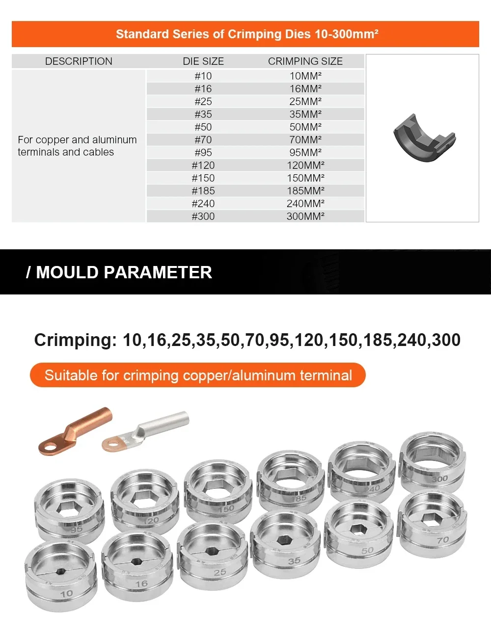 Hydraulic Crimping Dies 10-300mm² for GC-300 / EZ-300 / CW-1632 Hydraulic Crimping Tool