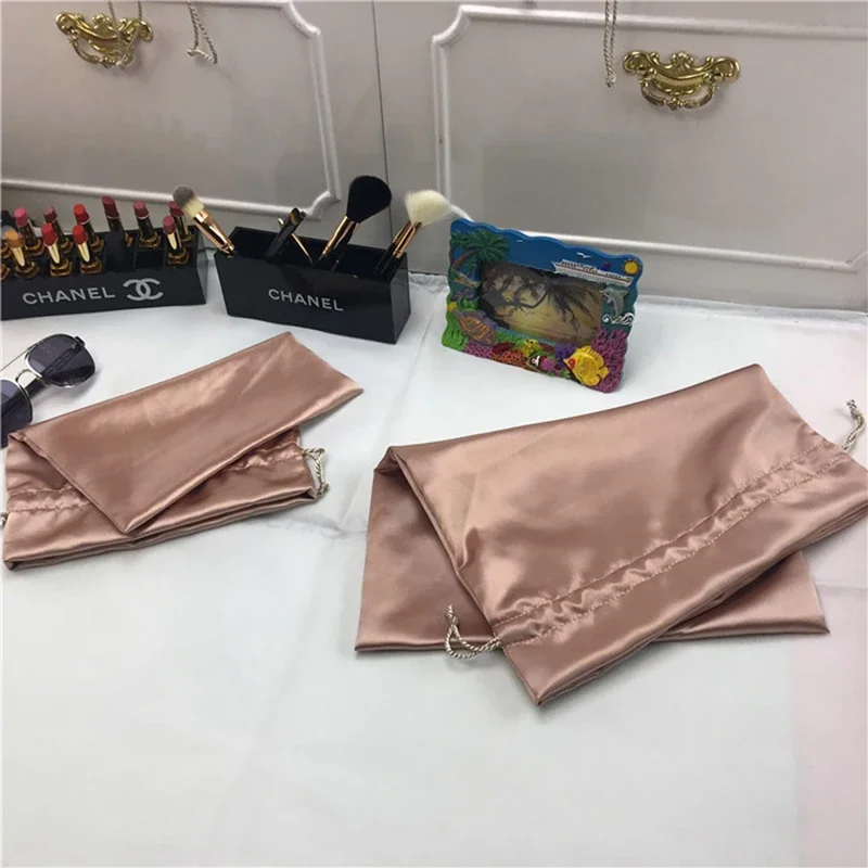 Silk Satin Bags Packaging Jewelry Hair Smooth Luxurious Satin Drawstring Pouch Shoe Gift Cloth Wrappling Sachet Coffee Champagne