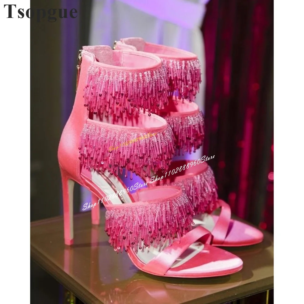 

Luxury Pink Short Tassels Decor Sandals Thin High Heel Shoes For Women Back Zipper Open Toe 2024 Fashion Zapatos Para Mujere