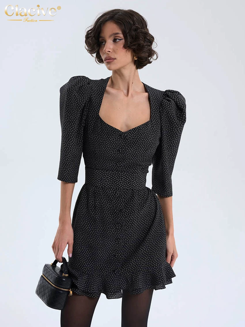 

Clacive Summer Loose Print Women's Dress Fashion V-Neck Half Sleeve Mini Dresses Elegant Classic Ruffles High Waist Female Dress