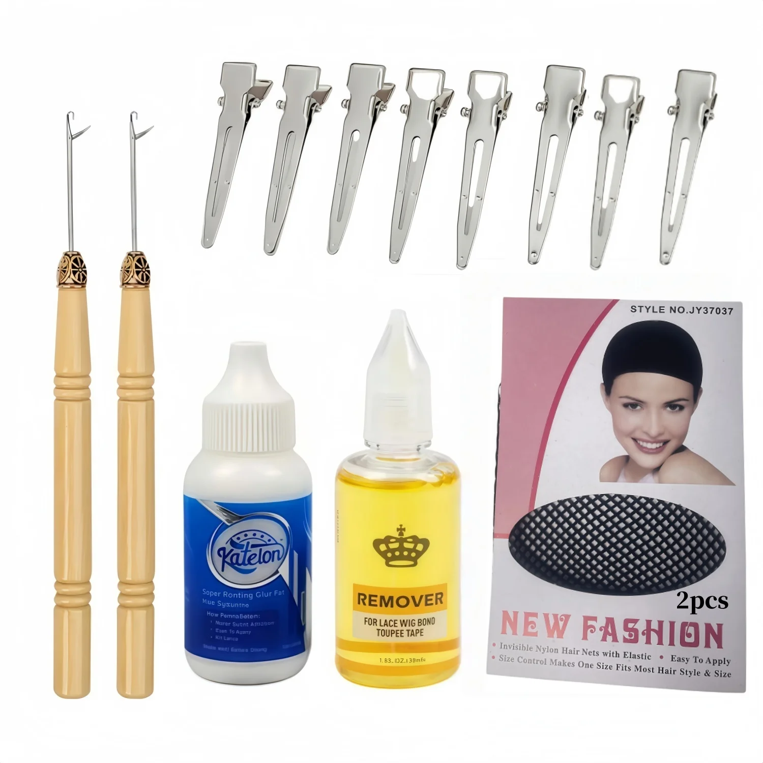 

14Pcs/set Hair Extensions Tools Kit: 2Pcs Crochet Hooks 1Pc Wig Glue 1Pc Remover 8Pcs Section Hair Clip and 2Pcs Elastic Wig Cap