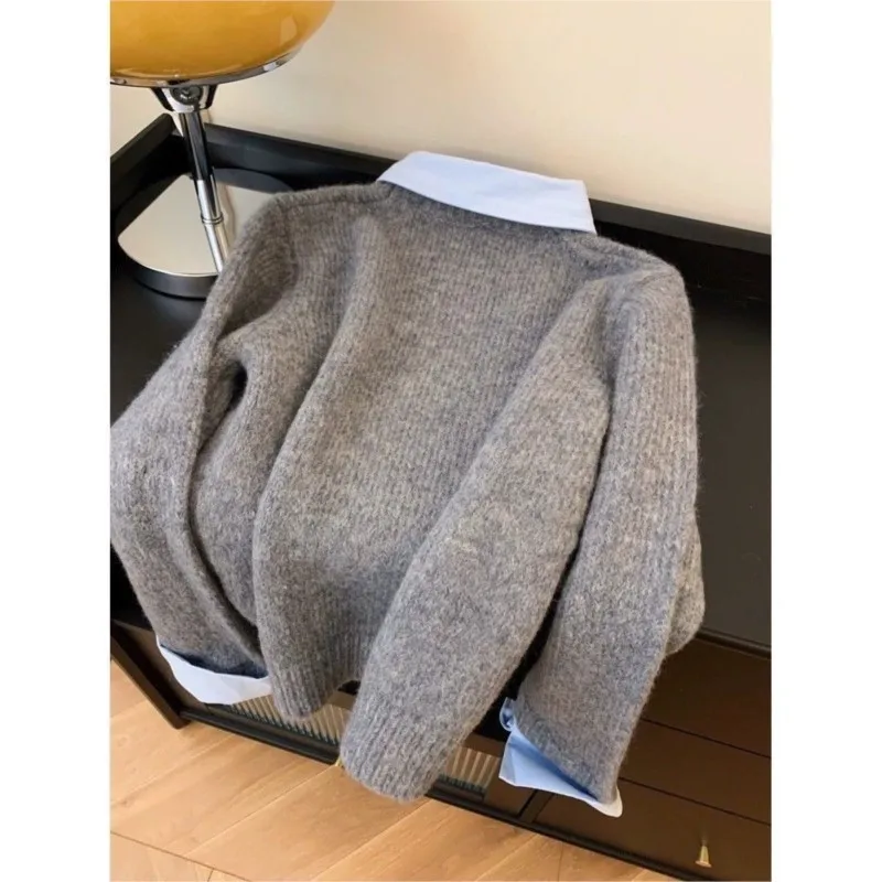 Fake Two Shirts Collar Sweater Women's Autumn Lazy Grey Knitted Pullover Ladies Winter Versatile Warm Sweaters Fashion Clothing 6