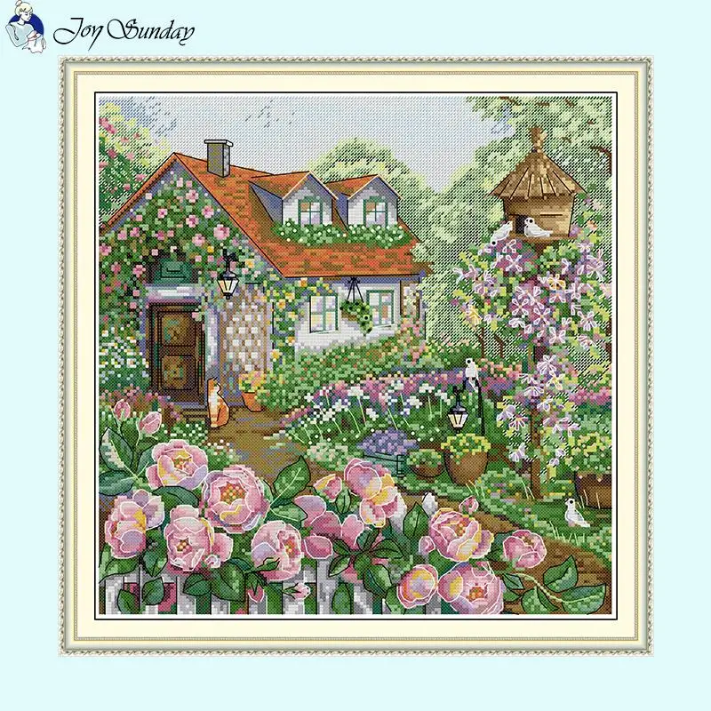 Rose Cottage Counted Stamped Cross Stitch Set DIY Hand Embroidery Aida 14CT 16CT 11CT White Canvas Printed Needlework Sewing Kit