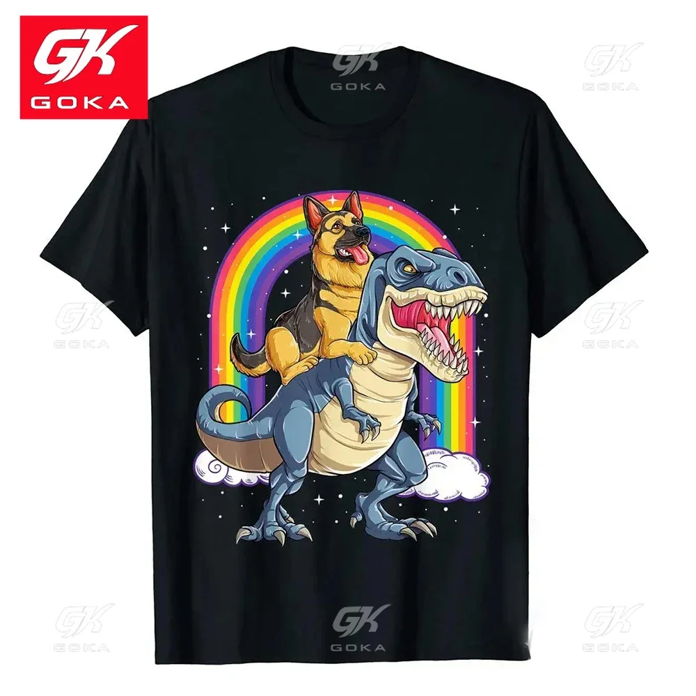 German Shepherd Riding Dinosaur T Rex T Shirt for Men Rainbow Tops Cotton Design Tees Faddish Mens Vintage Unisex T Shirts