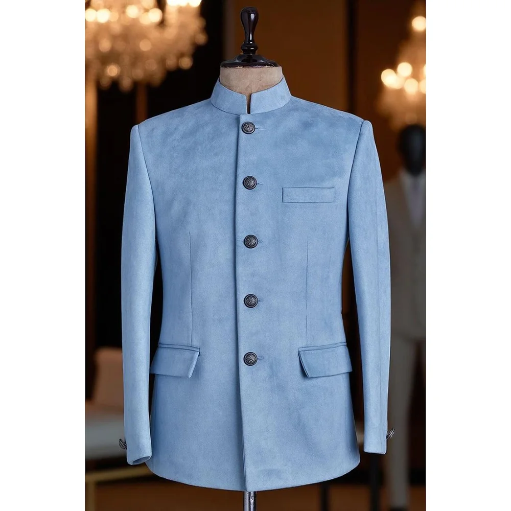 

Gentle Blue Single Breasted Stand Collar Men Jacket Wedding Formal Party Fashion Man Cloth Banquet One Pieces