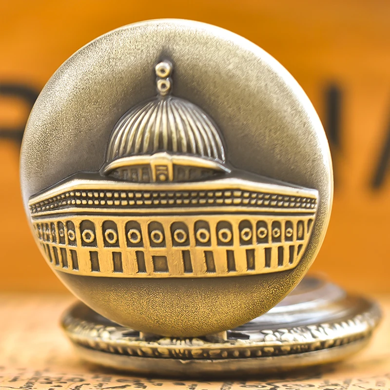 Clamshell perunggu antik sederhana diukir kalung istana Islam kuarsa jam tangan saku hadiah untuk siswa pria dan wanita