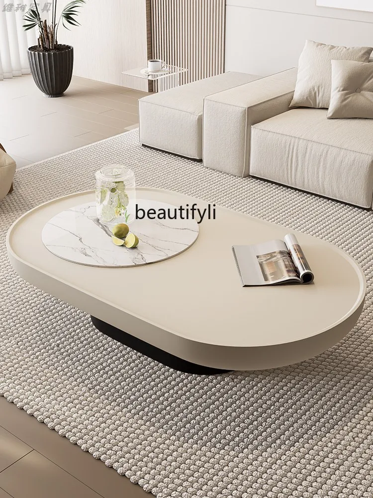 Coffee table living room household small apartment light luxury high-end rock slab cream wind oval