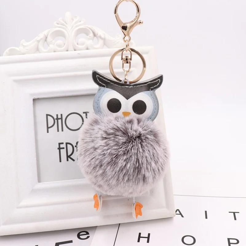 XQFATE Cute Owl Plush Doll Keychain for Women Cartoon Leather Car Pendant Key Ring Bags Mobile Phone Accessories Jewelry Gifts