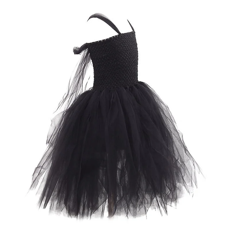 2-10Y Maleficent Mesh Frock Off Shoulder Gothic Black Tutu Dress Evil Queen Villain Cosplay Clothing Halloween Toddler Apparel