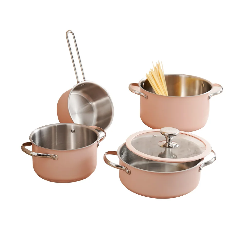 

New Designer Korean Style 9 Pcs Durable Ceramic Paint Kitchen Induction Stainless Steel Cookware Sets Cooking Pot Set
