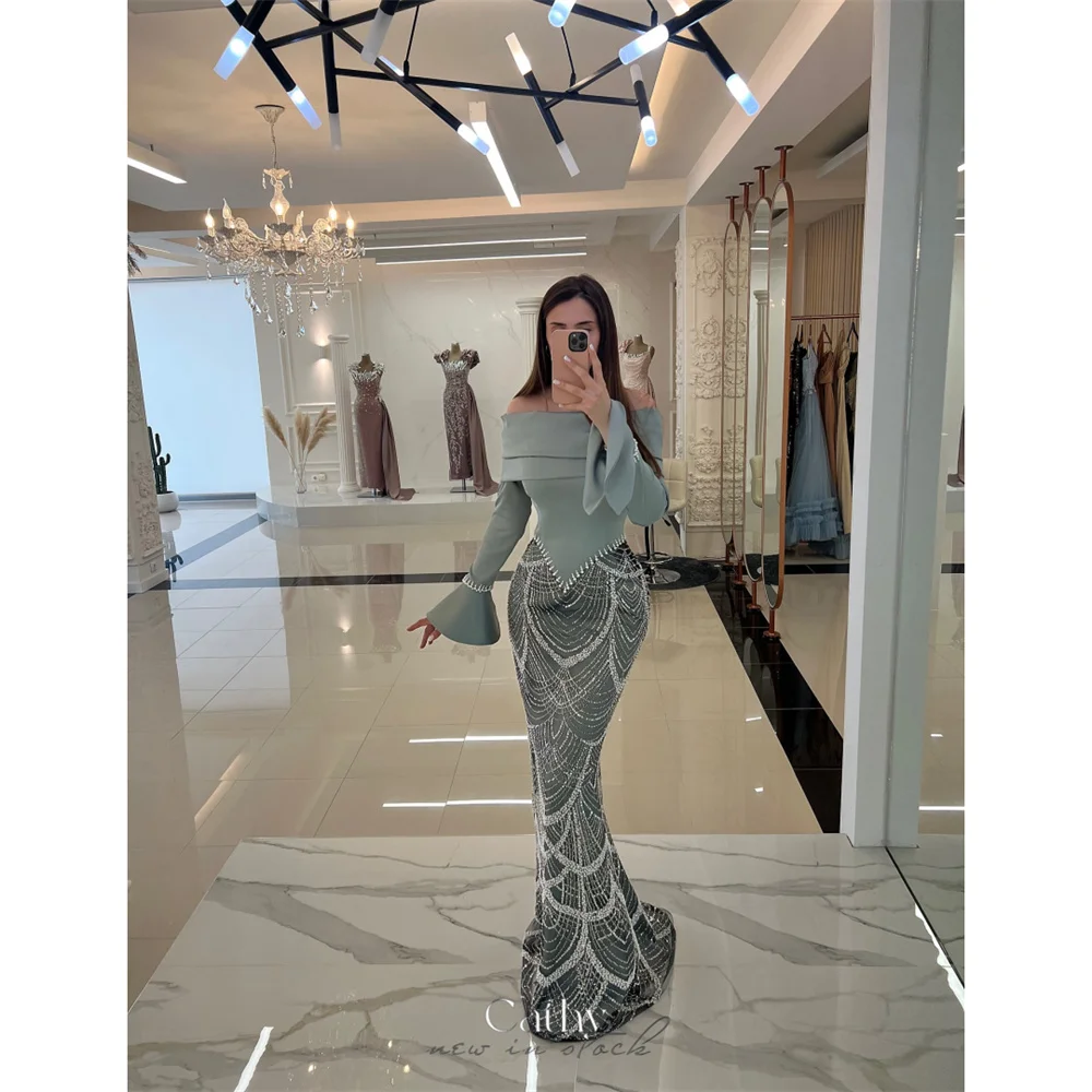 

Cathy Customized Trumpet Off Shoulder Sequined Prom Dresses Beading Long Sleeve vestidos de noiva Floor-Length Formal Evening