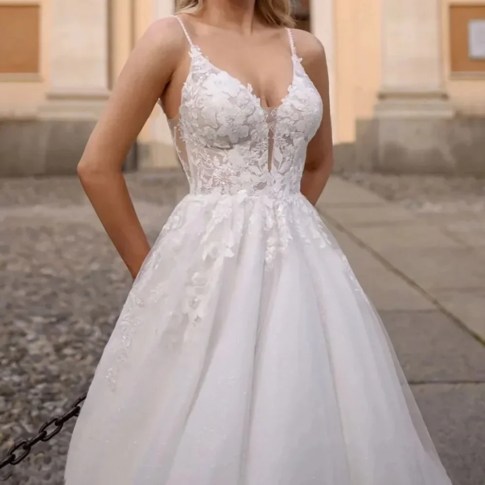 Customized Boho Glitter Spaghetti Straps Wedding Dresses Gowns Backless V-Neck Tulle A-Line Vestido De Novia Bridal Dresses