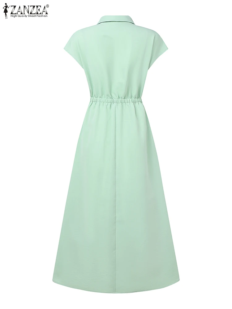 Zanzea feminino elegante em camadas midi vestidos 2025 verão moda turn-down colarinho boné manga a linha robes femme sólido camisa