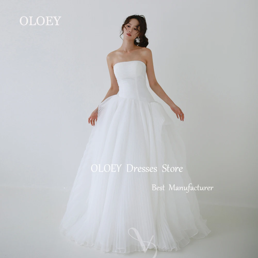 Oloey elegante marfim sem alças uma linha vestido de casamento coreia photoshoot sem mangas vestido de noiva até o chão feito sob encomenda espartilho