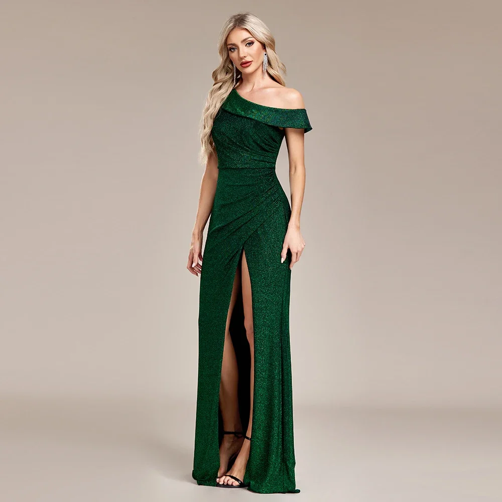 Vestido de noite longo de ombro único feminino, fenda lateral, fio prateado brilhante, vestido elástico de tricô, verde sereia