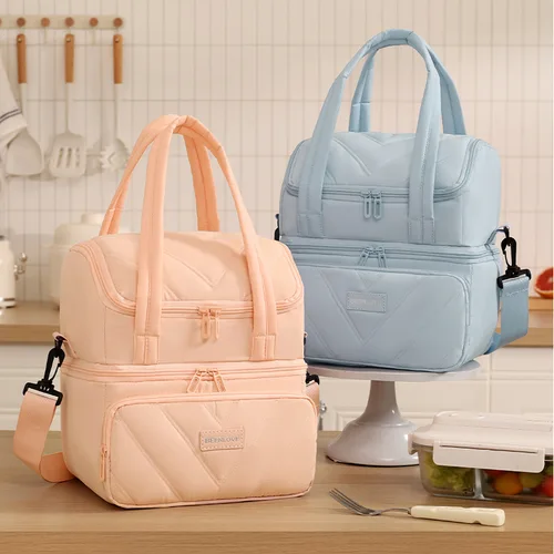 Imagen 1 del producto Bolsa de almuerzo de dos pisos con aislamiento de viaje para mujer, bolso térmico reutilizable para alimentos, bolsa impermeable con asa superior Bento para trabajo, Picnic