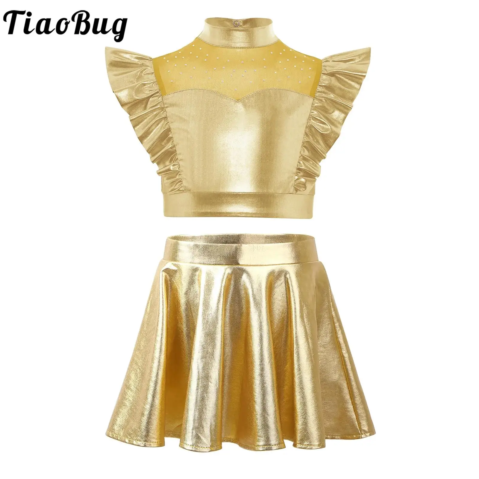 

Kids Girls Metallic Jazz Tango Cha-cha Dance Outfit Performance Set Sheer Mesh Patchwork Sleeveless Crop Top with Flared Skirt