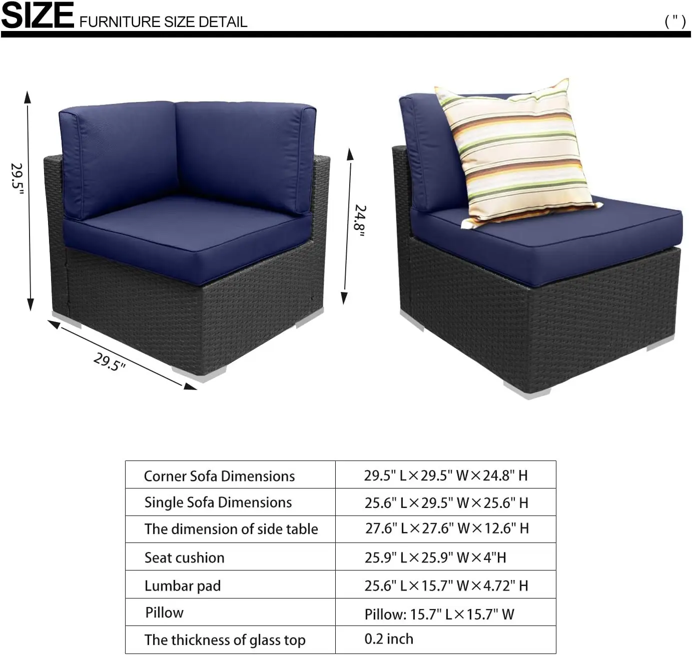 7pcs Outdoor Sectional Rattan Wicker Sofa Set,Patio Conversation Sets with Cushions &1 Tempere Glass Table for Backyard (Blue)