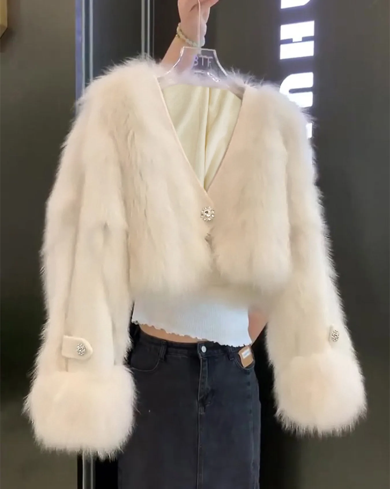 

Пальто цвета хаки из искусственного меха, женские жаккардовые универсальные весенние пальто на пуговицах для мам, тяжелые, чистые, с разрезом, расширенные, с высокой имитацией, средней длины, OL