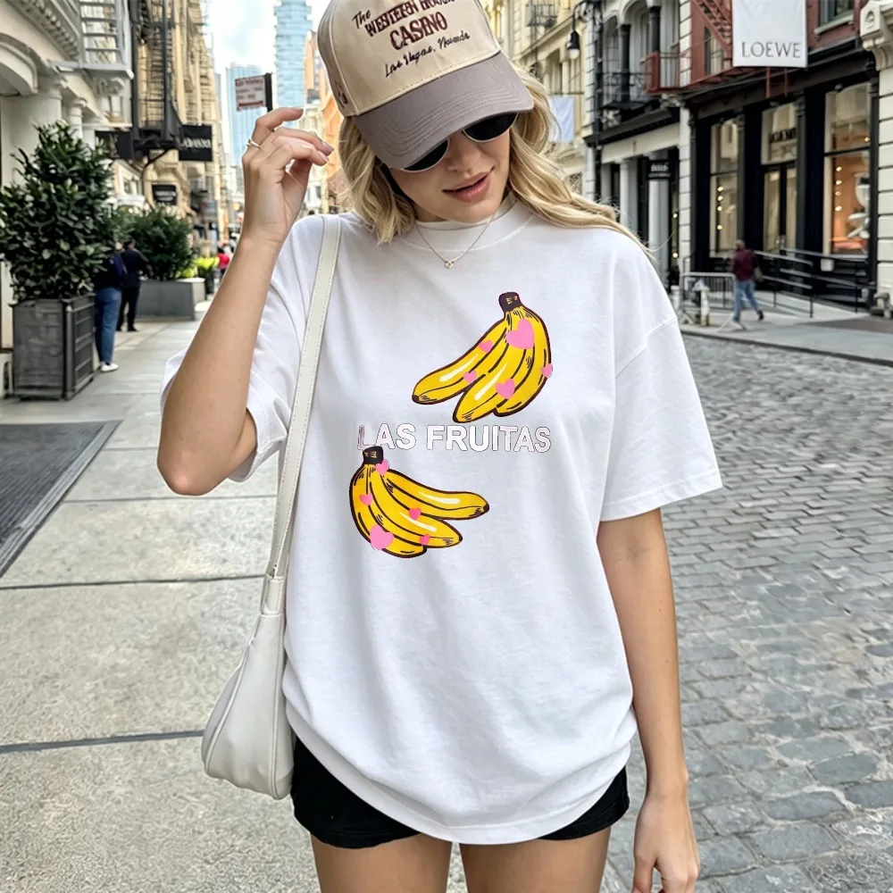 Crew Neck Short Sleeve Graphic Cotton Tee Bananas Pink Hearts Las Fruitas White Playful Summer Fruit Top Women Clothing Y2k Top