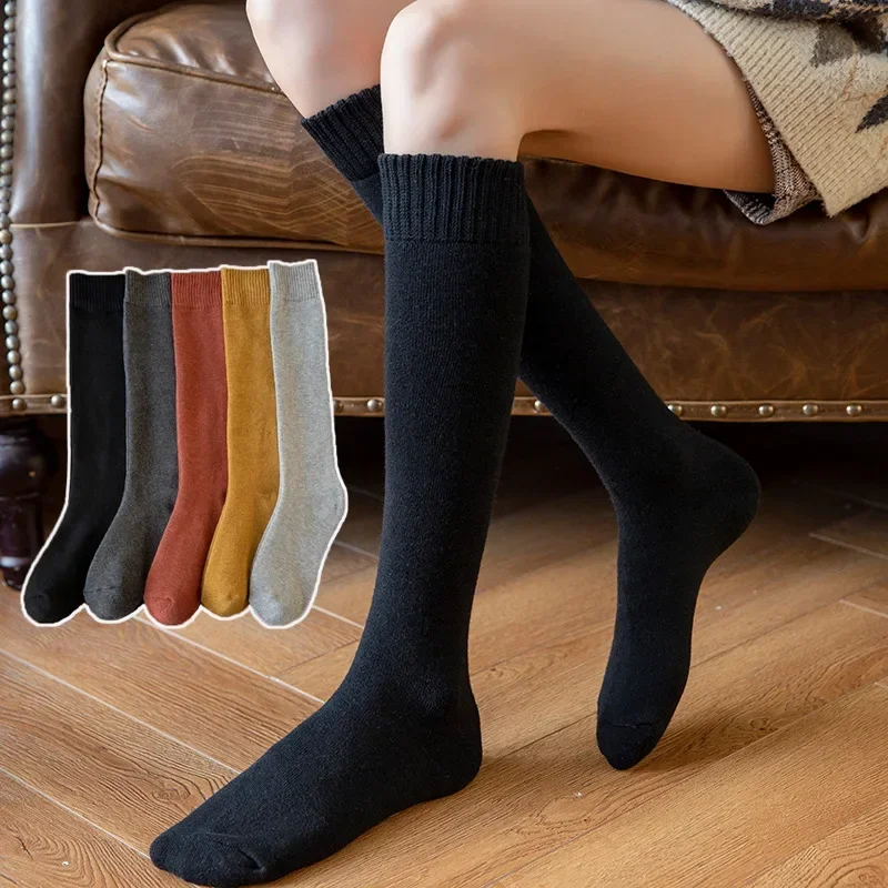 Winter Women's Calf Socks Fashion Thick Warm Harajuku Solid Color Cotton Long Socks Casual Warmer Knee High Stockings for Girls