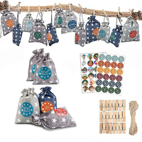 Christmas Linen Drawstring Bags 24 Days Christmas Countdown Calendar Cotton Linen Gift Bag  (with 1-24 Advent Number Stickers)