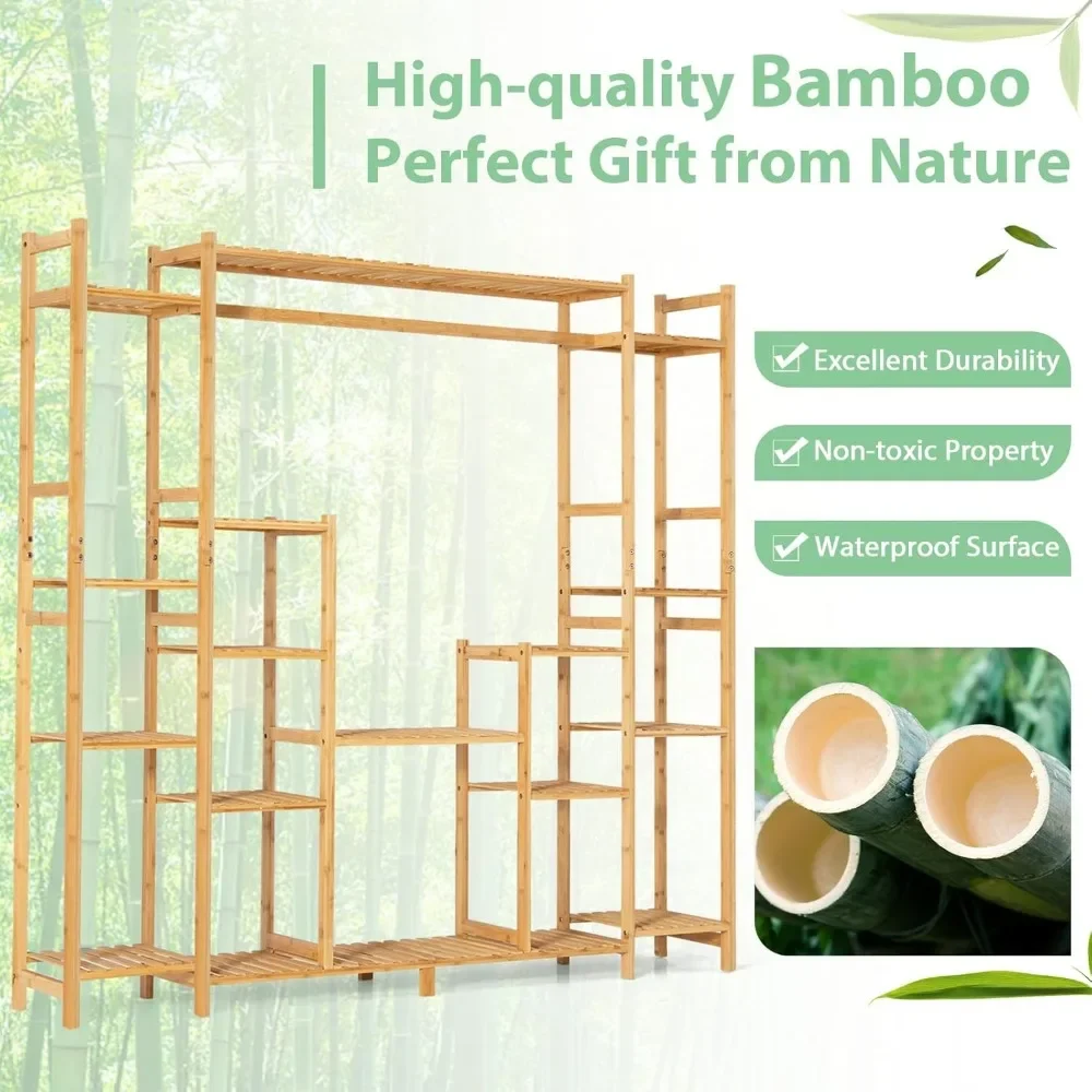 Bamboo Plant Stand, with Hanging Rack & Anti-Dumping Device, 2-In-1 High-Low Plant Holder Shelf, Corner Flower Pot Stand