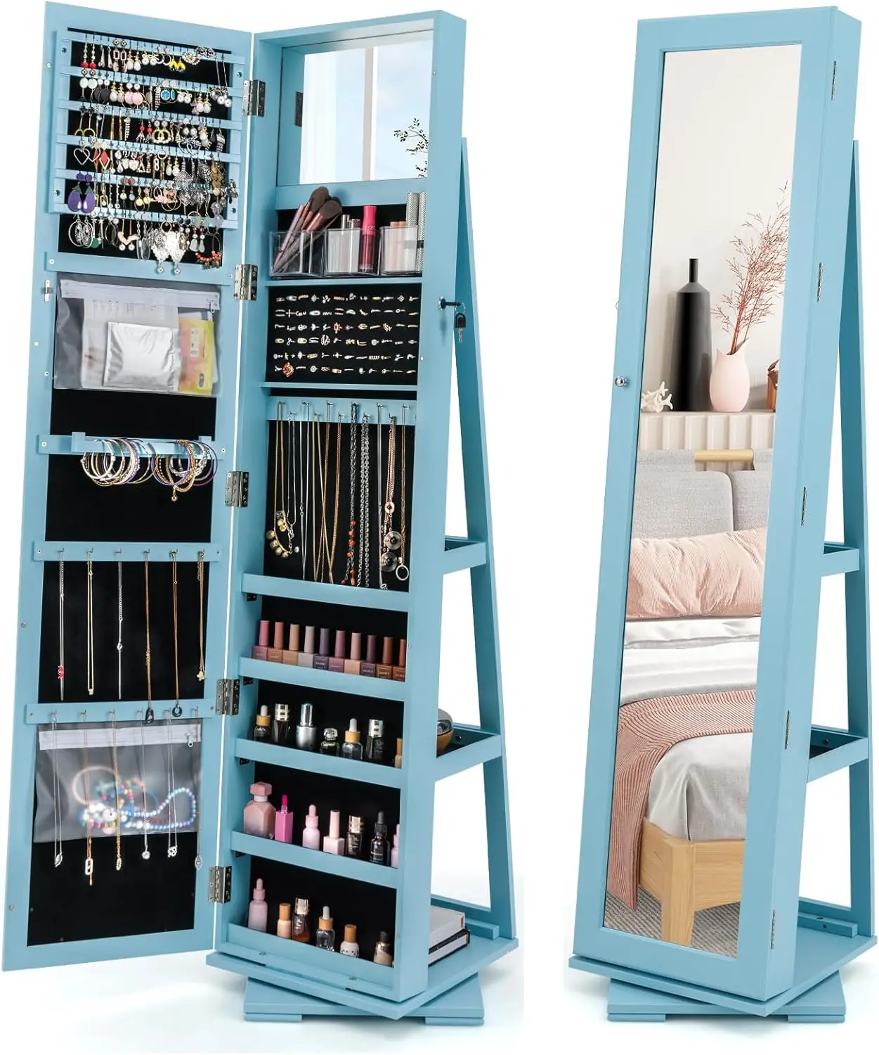 خزانة مجوهرات دوارة 360 درجة، منظم مجوهرات قائم مع مرآة كاملة الطول ومساحة تخزين كبيرة، مرآة يهودية قابلة للقفل #1