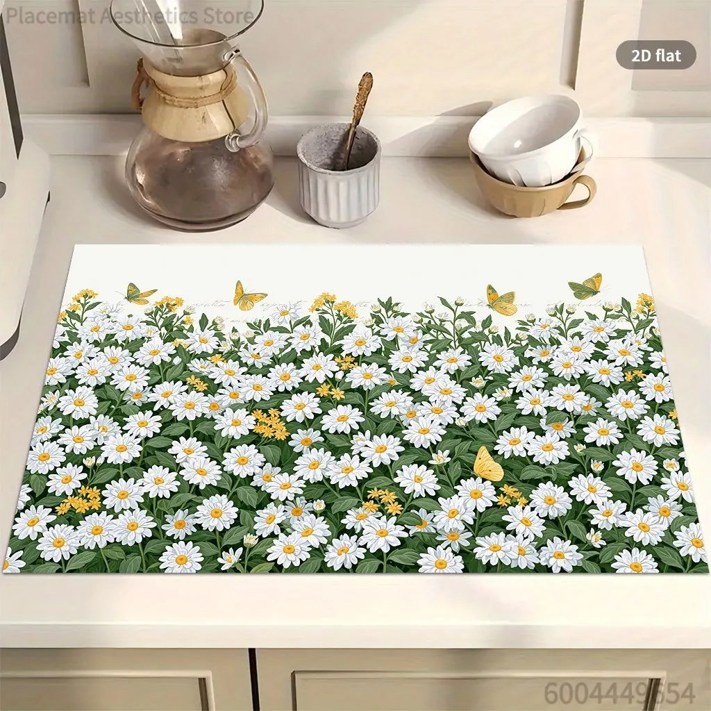 Daisy Butterfly Cat Floral Print Super Absorbent Drying Mat Waterproof Kitchen Counter Drain Pad Decor Placemat