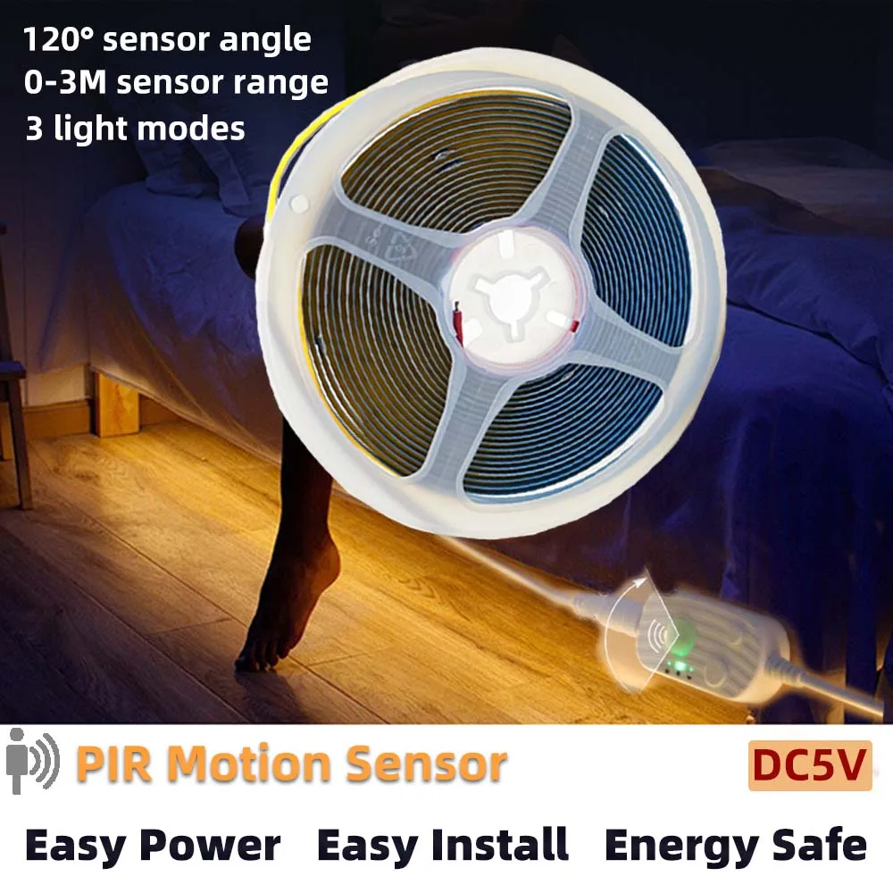 

USB5V Charging Sensor Light Controller COB LED Strip Warm White 120° Angle Sensor Night Light Bedside Stair Railing Porch 1-5M