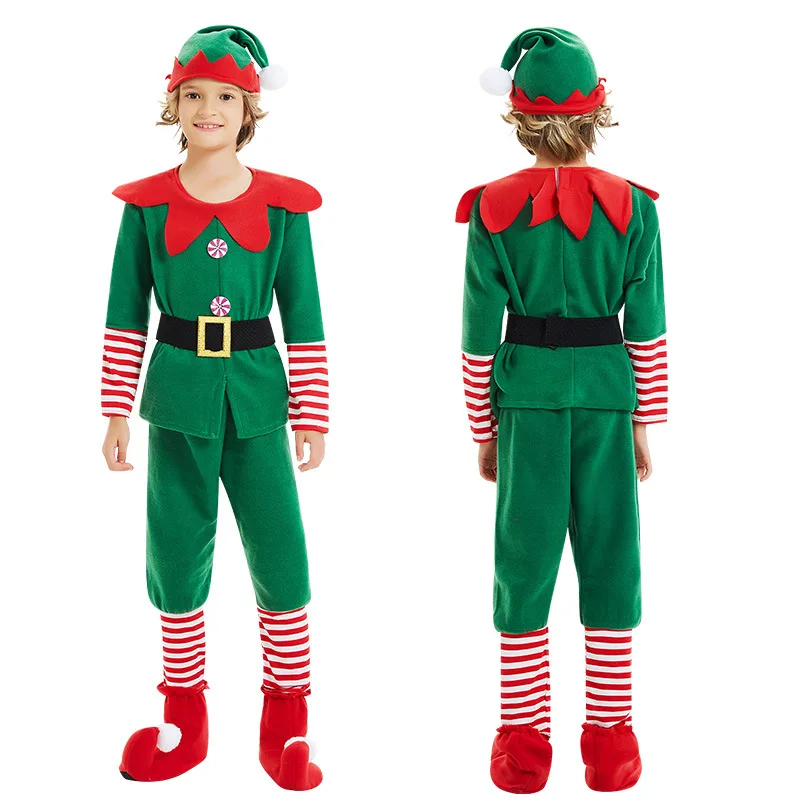 Green Elf Boys Girls Christmas Cosplay Costume Festival Santa Clause Set for Kids New Year Tops Pants Hat Belt Xmas Party Dress