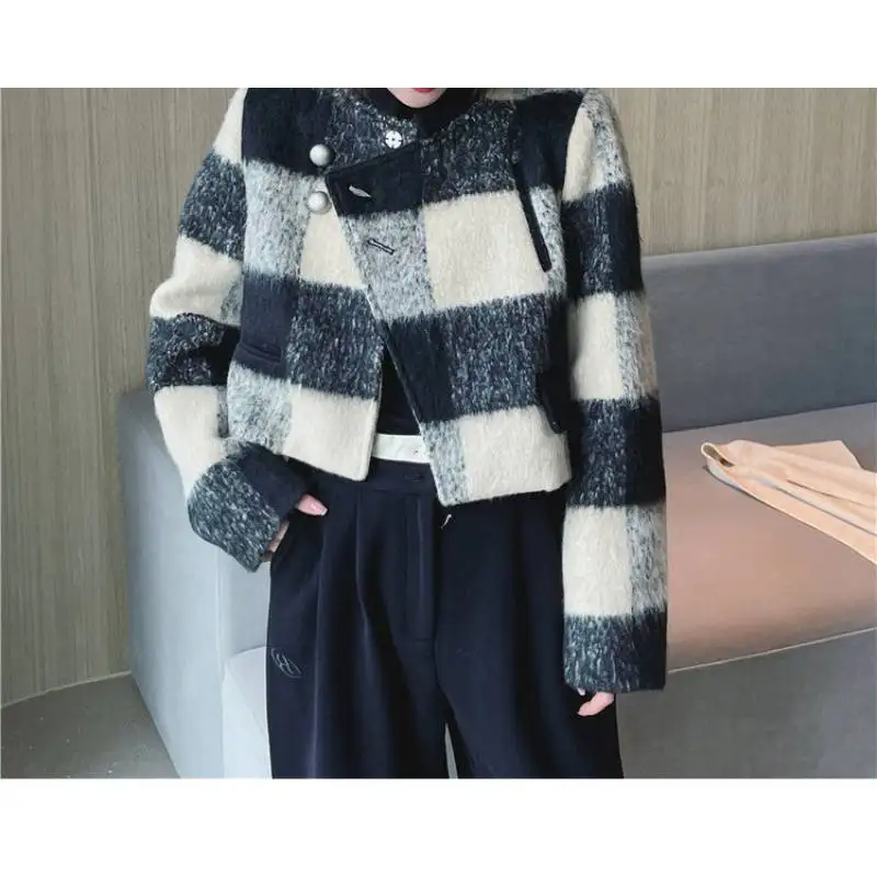 Women\'s New Chic French Plaid Patchwork Tweed Short Coat Spring Autumn 2024 Jacket