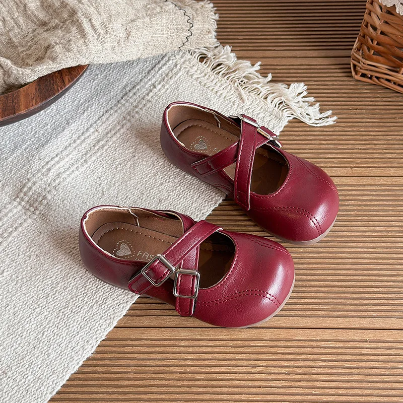 Kids Leather Shoes Soild Color Versatile Girls Princess Shoes Double Hook&loop 2026 New Fashion Children Flat Shoes Non-slip