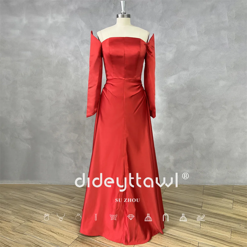 

DIDEYTTAWL Customized Real Photos Off The Shoulder Long Sleeve Satin Floor Length Ruched A-Line Formal Gown Elegant Slim Fit