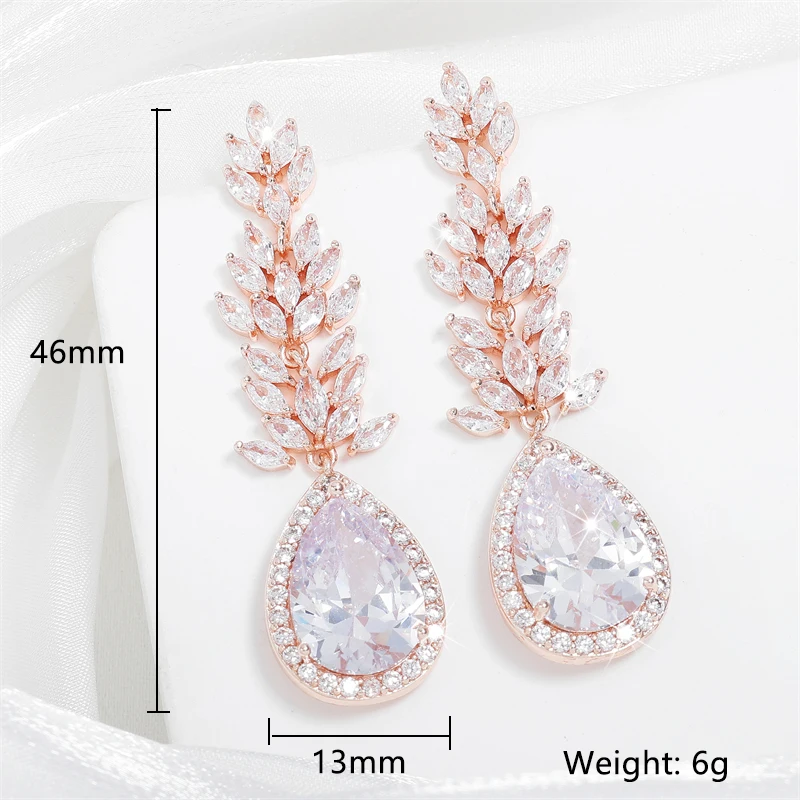 ZAKOL Classic Sliver Color Leaf Crystal Long Bridal Earrings for Women Fashion Water Drop Cubic Zirconia Bridal Wedding Jewelry