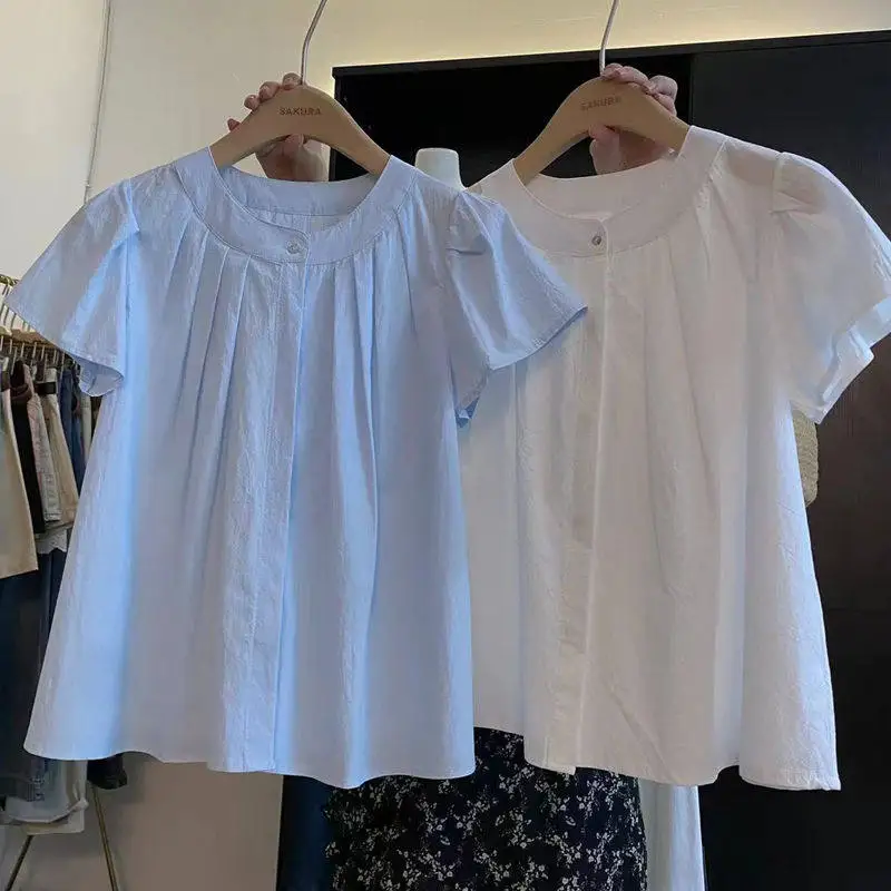 Summer New Fashion O Neck Short Sleeve Blouse Y2k Temperament Popular Draped All Match Korean Shirt Harajuku Punk Clothes