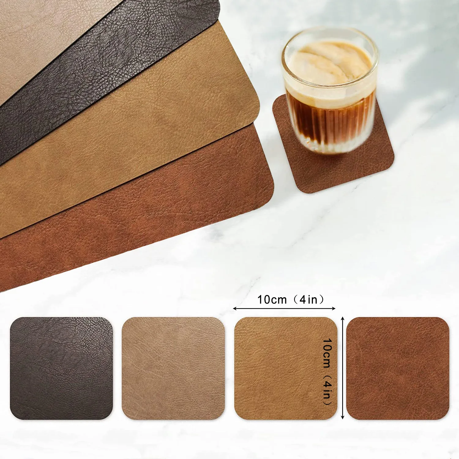 Inyahome Light Luxury Solid Leather 1/4/6 PCS Placemat and Coaster Coffee Brown Table Mat Waterproof Plate Bowl Pad Table Decor