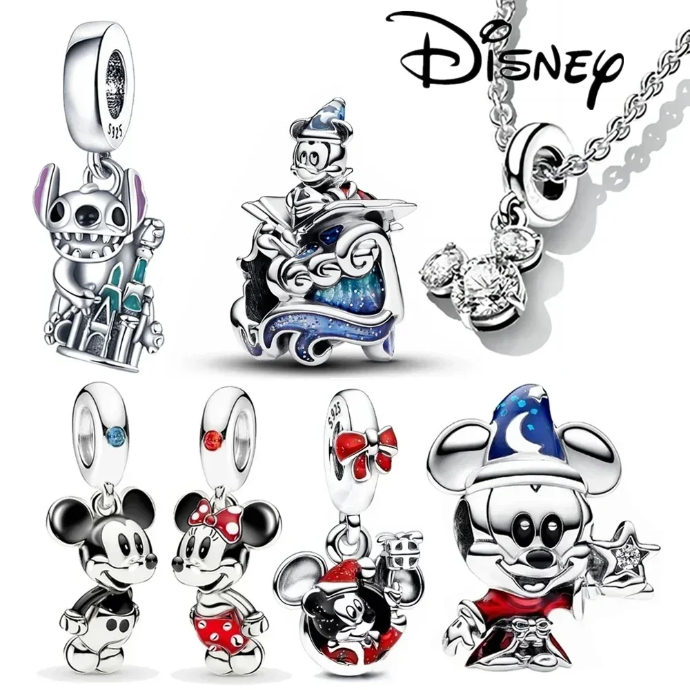 Disney Stitch pesona Minnie Mickey Mouse menjuntai cocok gelang Pandora Perak 925 manik-manik asli jimat untuk liontin hadiah perhiasan